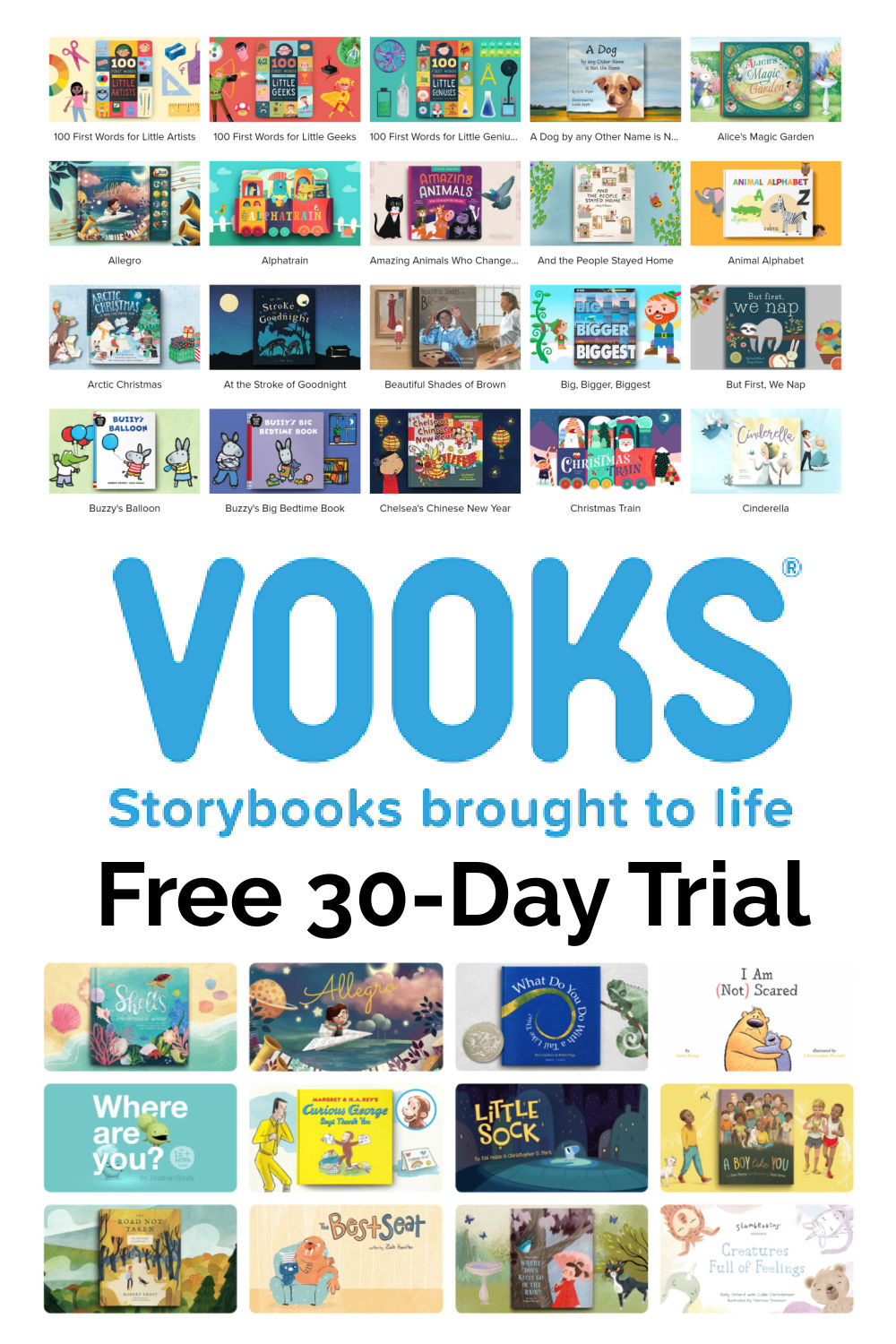 Books covers from Vooks with Vooks Logo and text that reads, "Free 30-Day Trial"