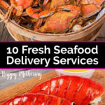 Basket full of crab and two lobster tails on a cutting board with text that reads, "10 Fresh Seafood Delivery Services."