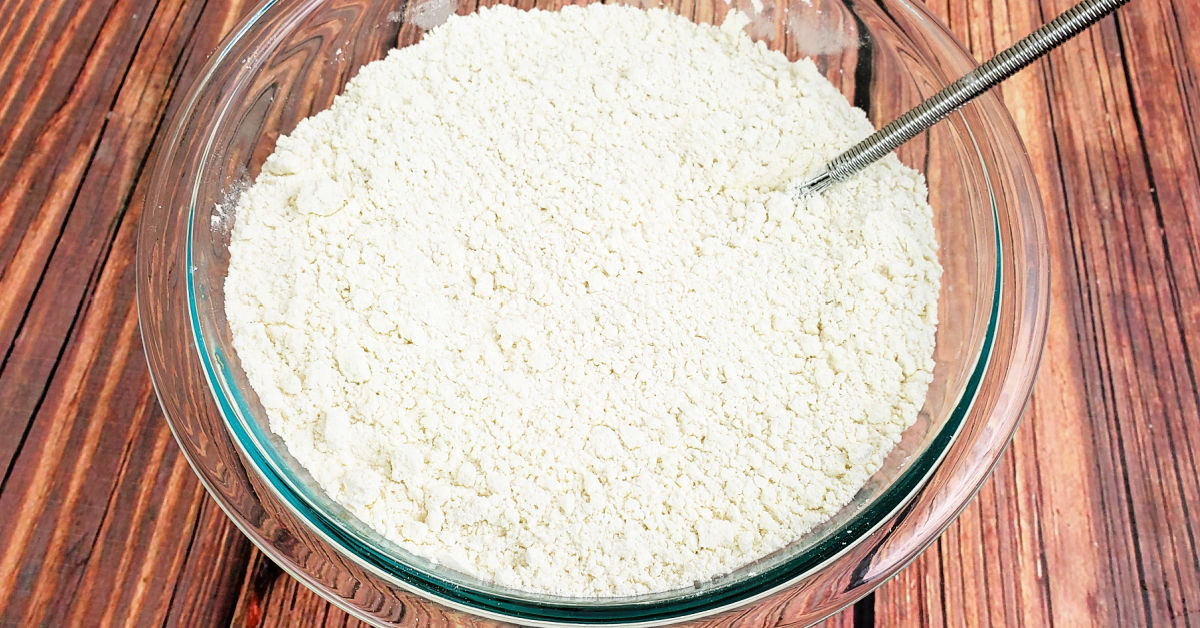 Gluten free flour, xanthan gum and sea salt whisked together in mixing bowl.