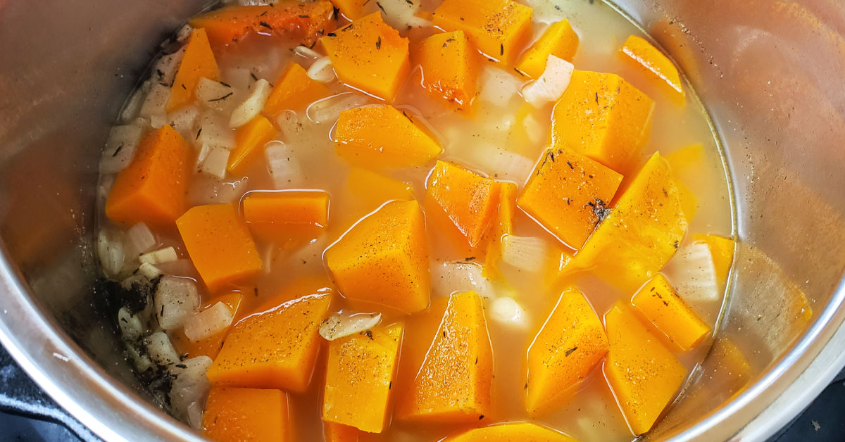 Butternut squash cubes and chicken stock added to Instant Pot with onion, garlic and spices.