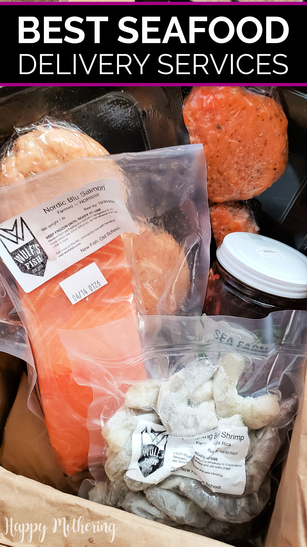Salmon, shrimp, salmon burgers, trout burgers and Kelp Beet Kraut in a shipping box.