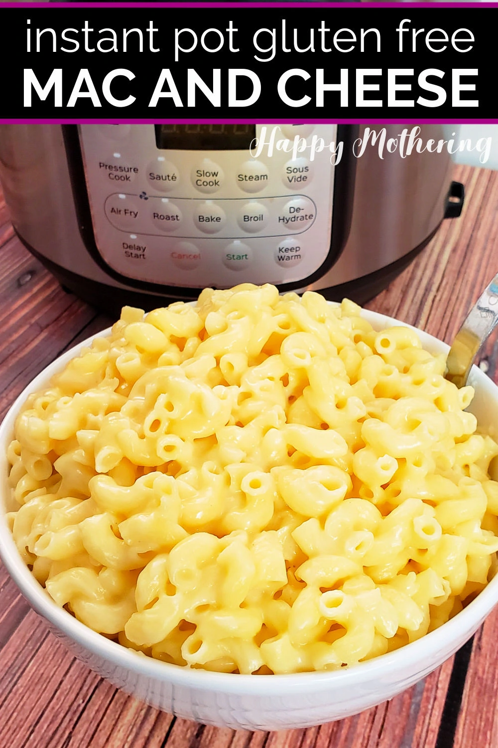 Bowl of gluten free mac and cheese next to Instant Pot.