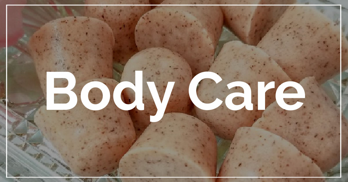 Body Care category. With a background of apricot seed sugar scrub bars.
