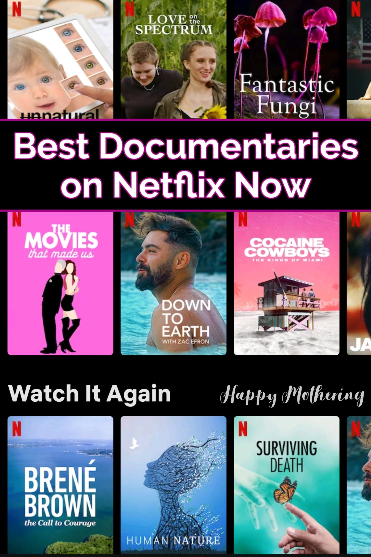 Screenshot of documentaries on Netflix now from app.