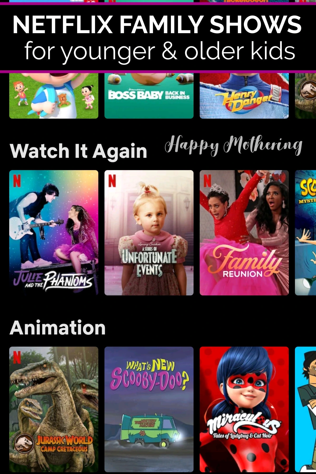 Screenshot from Netflix mobile app of family shows on Netflix.