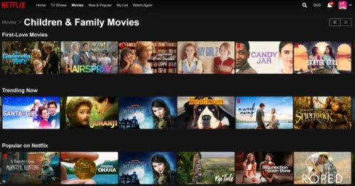 Screenshot of Neflix Kids & Family Movies screen showing non-animated movies.