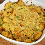 Gluten free turkey stuffing in a casserole dish.