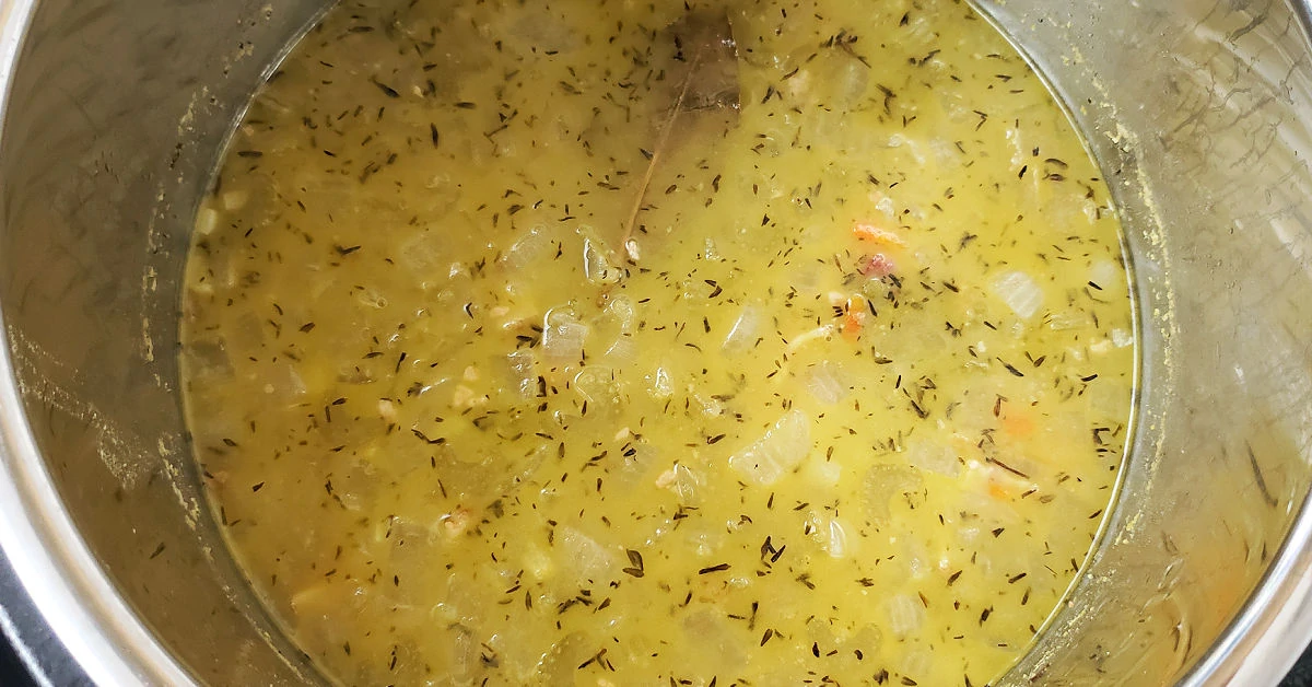 Split pea soup ingredients right after being pressure cooked in Instant Pot.