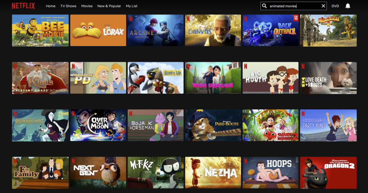 Screenshot of animated movies on Netflix in app.