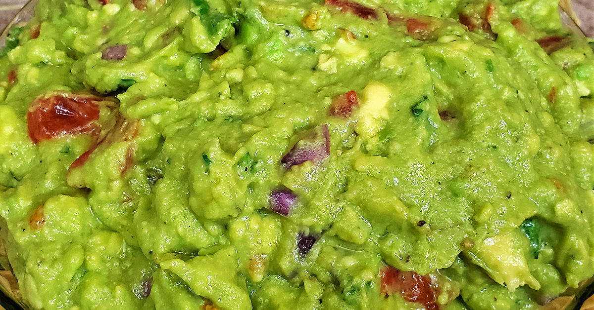 Closeup of freshly made homemade guacamole.