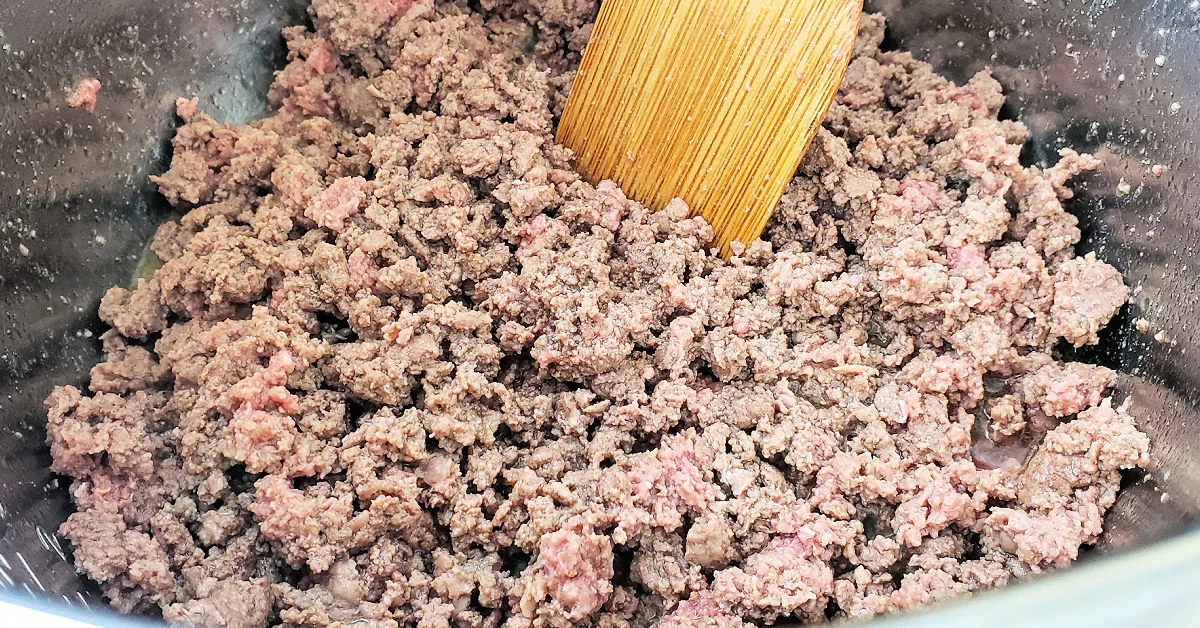 Ground beef being browned in Instant Pot.