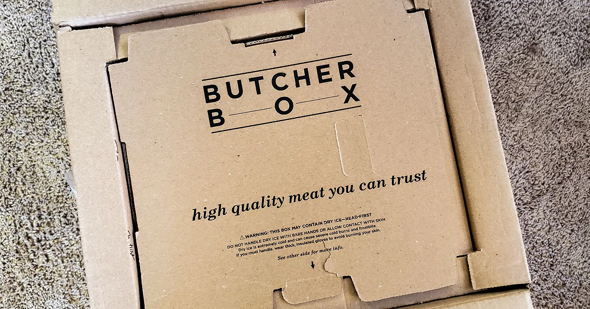 Top of ButcherBox shipping box that reads, "high quality meat you can trust."