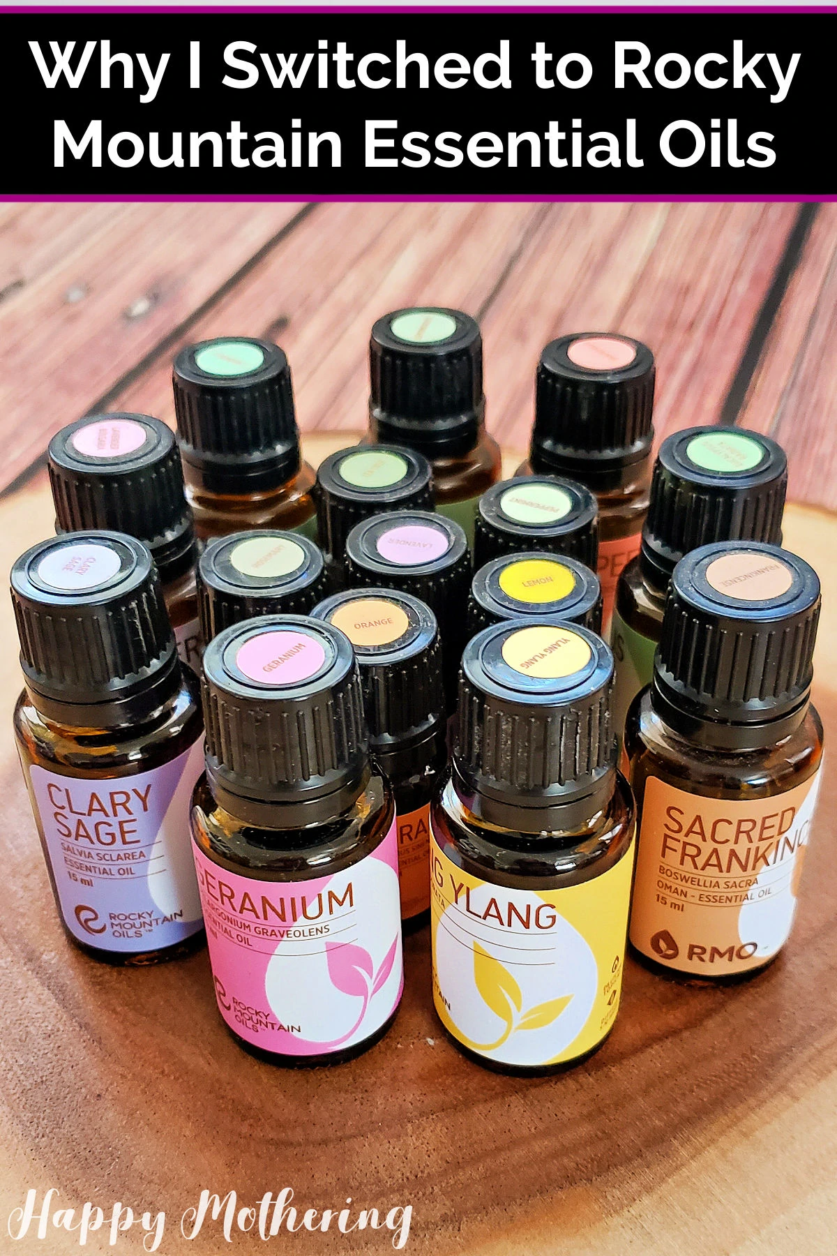 Several bottles of Rocky Mountain Essential Oils on a wood block.