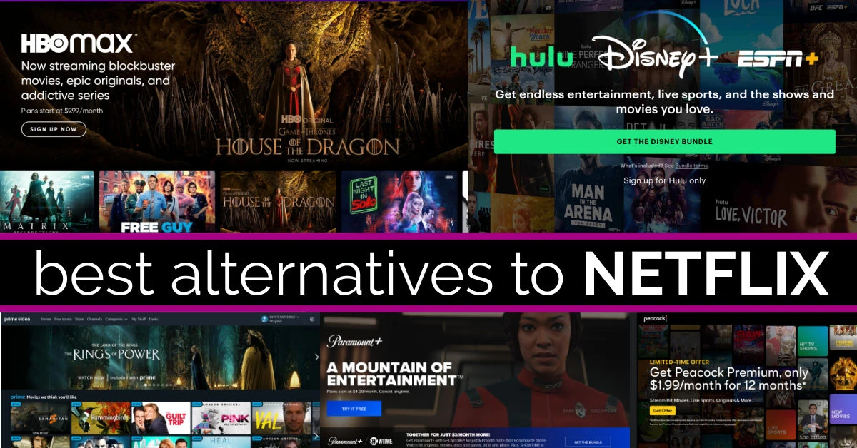 Collage of screenshots of alternatives to the Netflix streaming service, including HBO Max, Paramount Plus, Peacock, Hulu, Disney Plus and more.