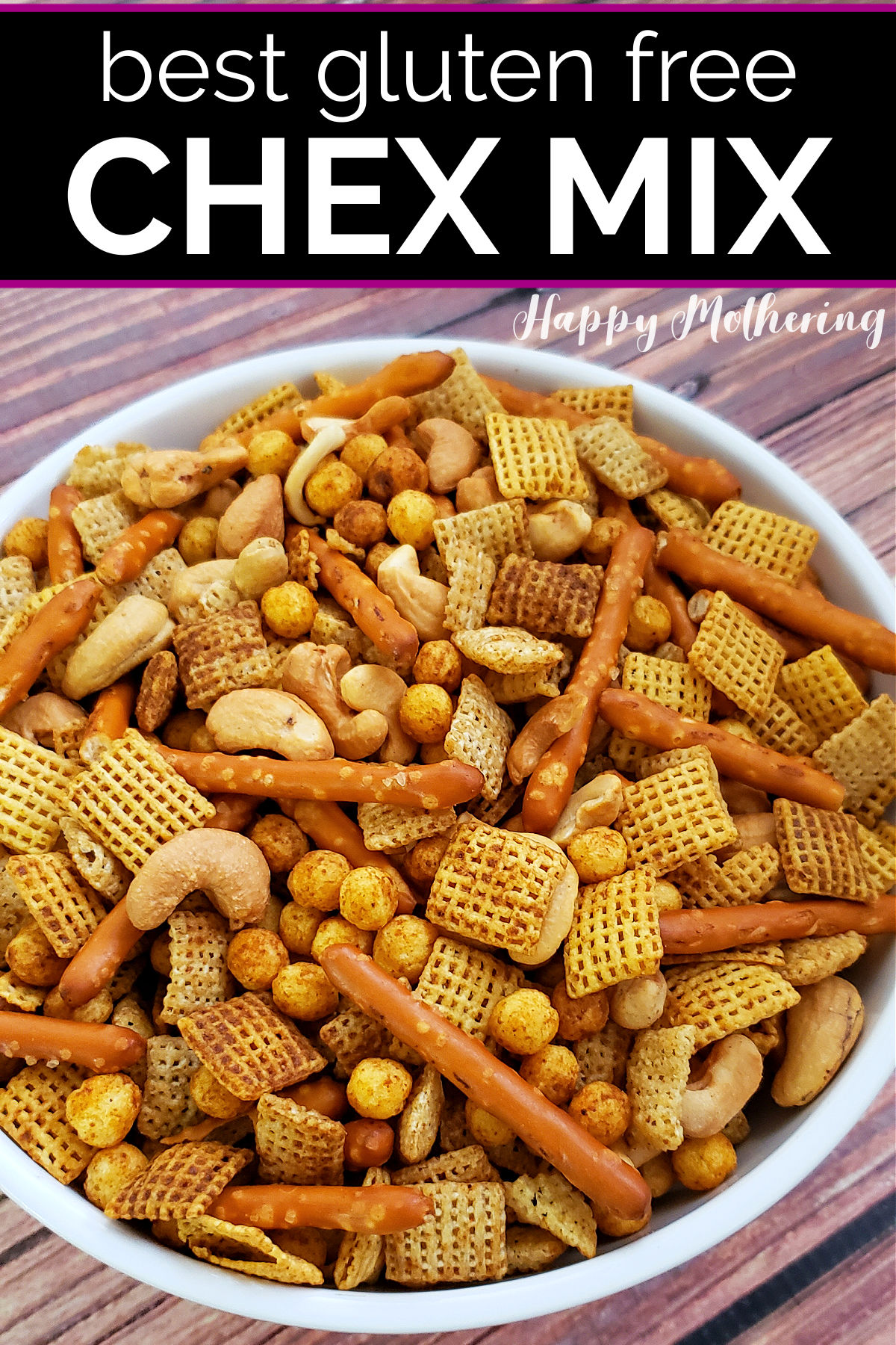Bowl of homemade gluten free Chex mix being served at a party.