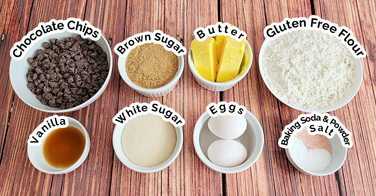 Ingredients to make gluten free chocolate chip cookies measured out in bowls.