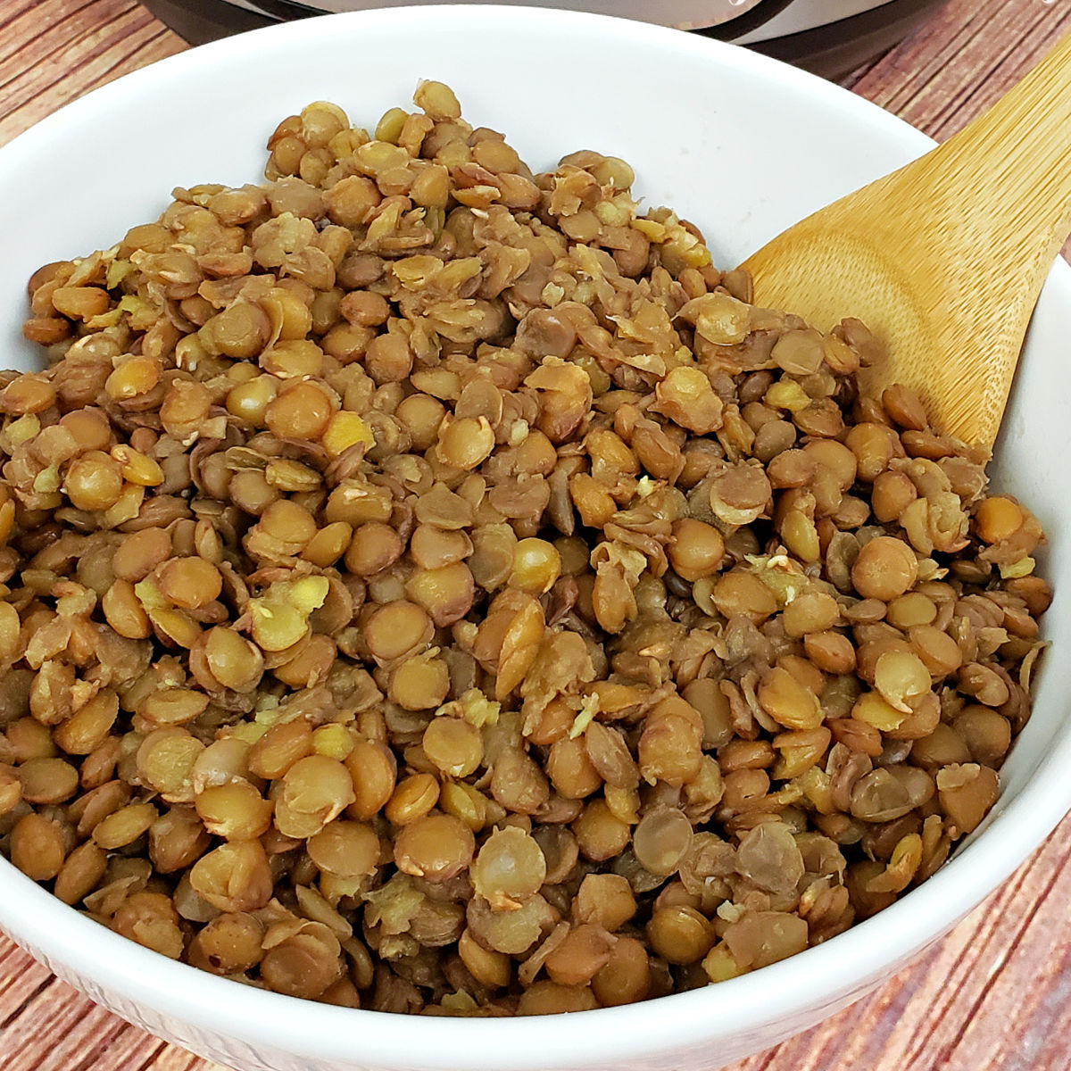 Close up of a bowl of lentils that were cooked in an Instant Pot.