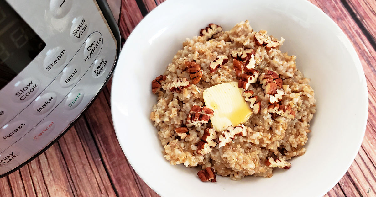 Steel cut oatmeal with butter, maple syrup and chopped pecans.