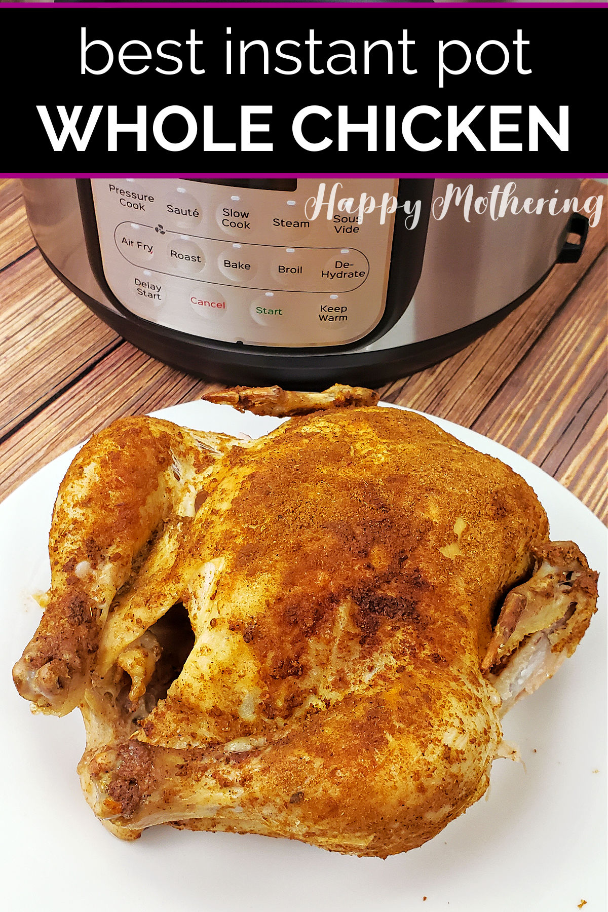 Whole chicken with crispy skin on a white serving platter in front of the Instant Pot it was cooked in.
