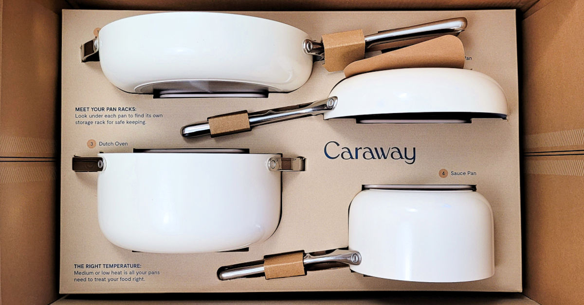 Caraway Cookware Set in cream, still in the box.