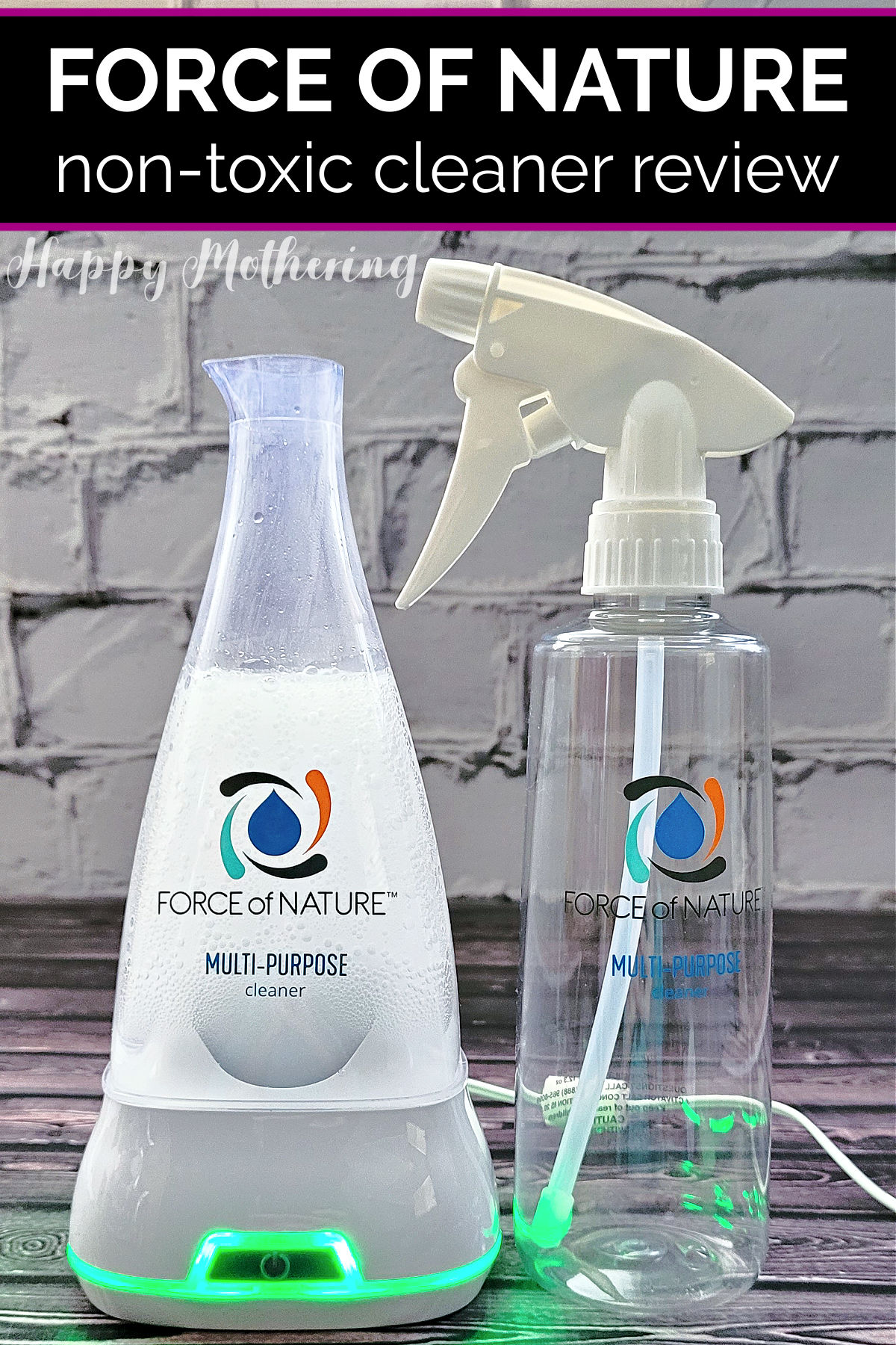 Force of Nature appliance making cleaner with empty spray bottle next to it.