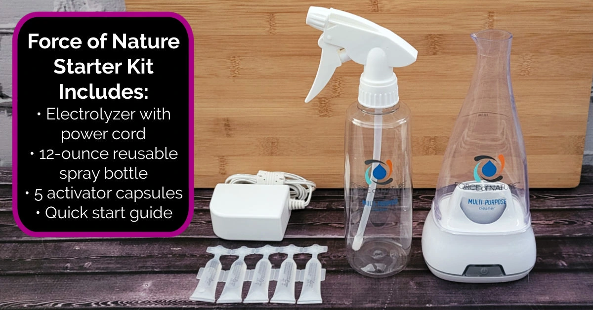 Force of Nature Starter Kit, including appliance, power cord, spray bottle and 5 activator capsules.
