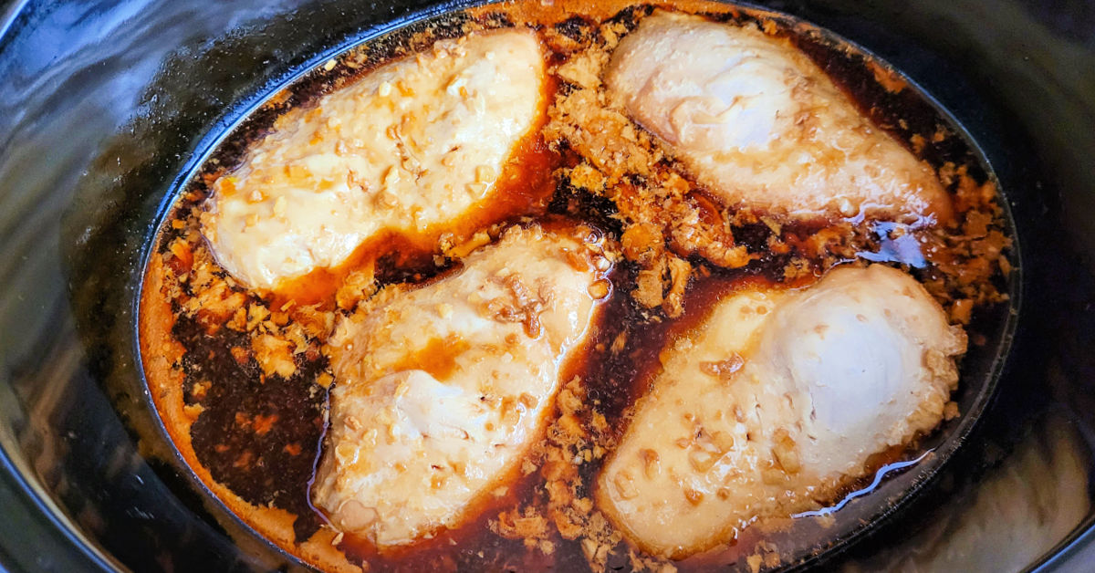 Chicken breasts cooked in homemade teriyaki sauce in the slow cooker.