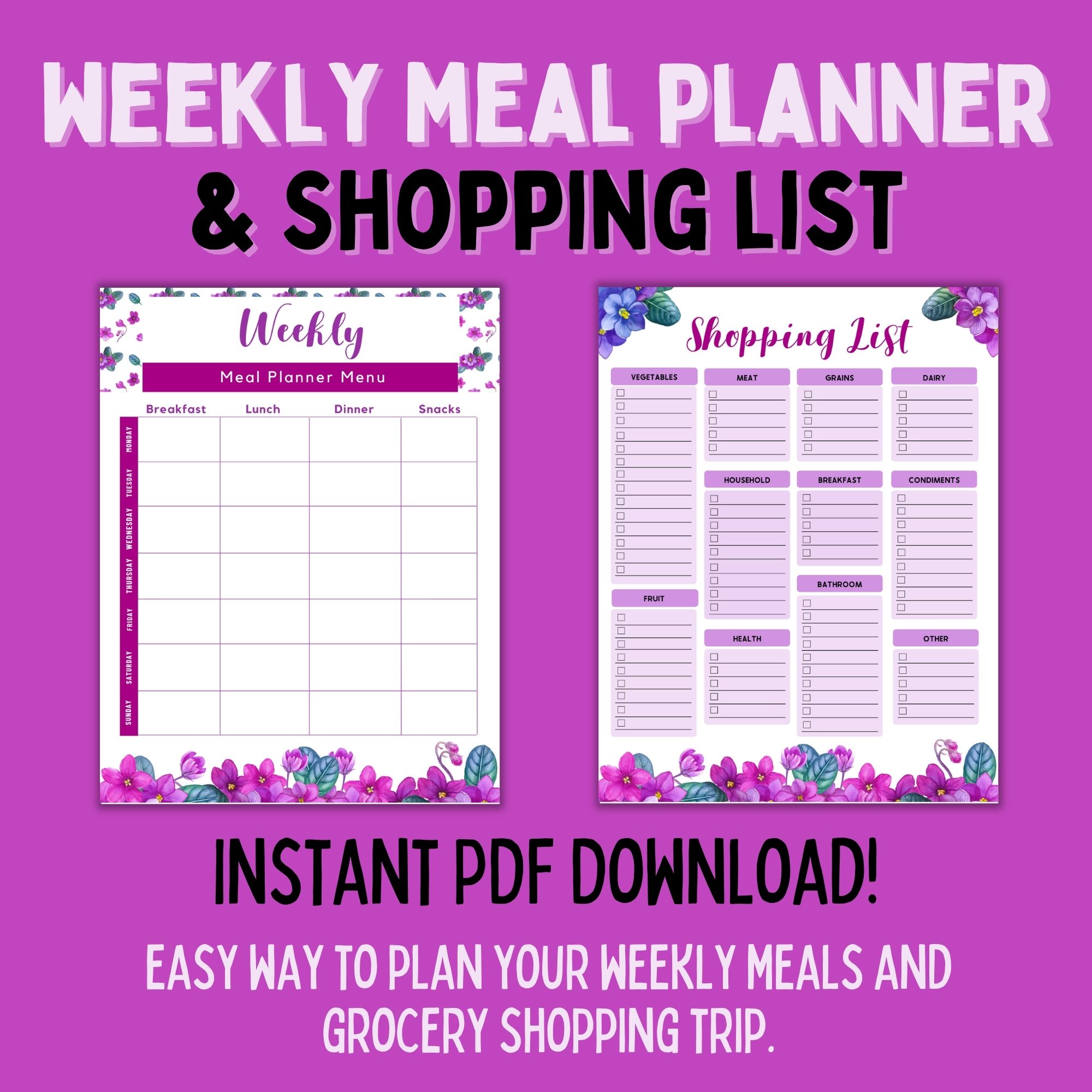 Weekly meal planner and shopping list printable pages.
