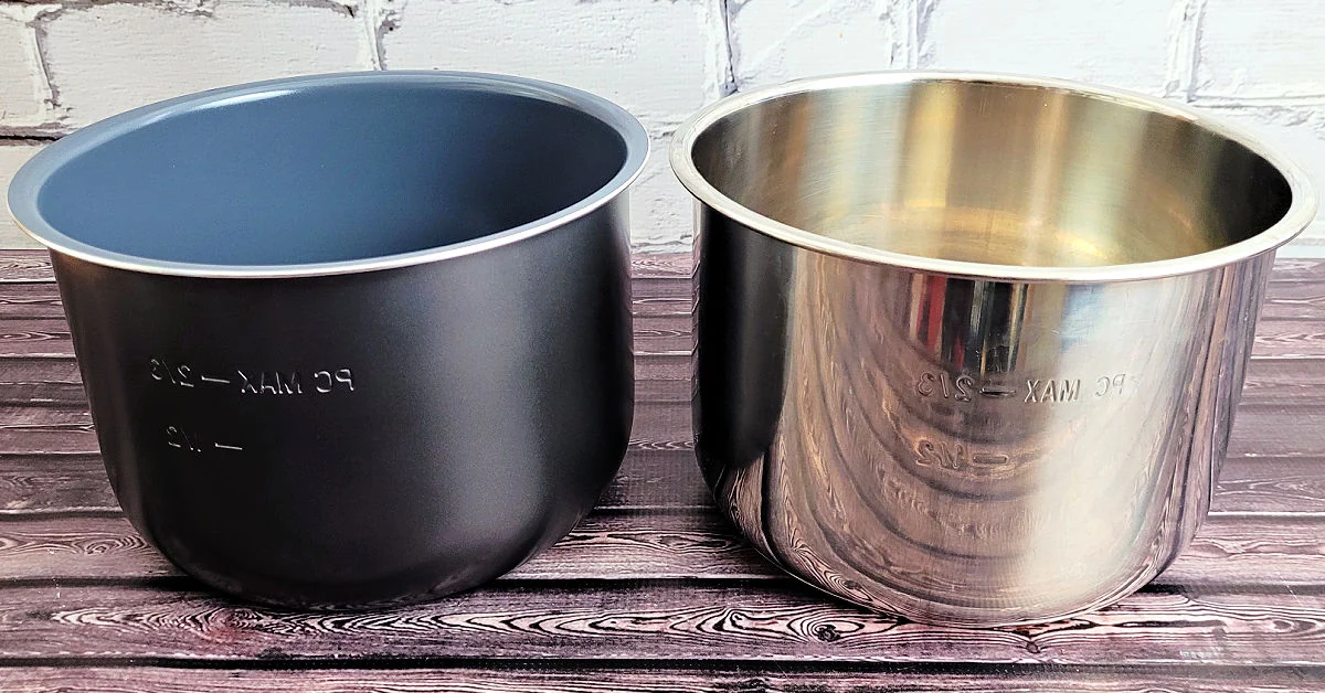Ceramic non-stick inner pot and stainless steel inner pot for a 6-quart Instant Pot.