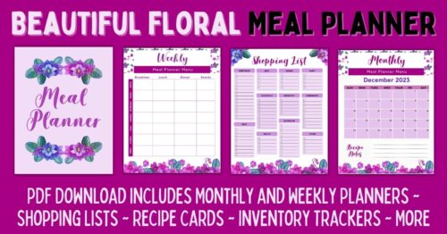 Four pages from a meal planner showing a weekly plan, shopping list and monthly plan.
