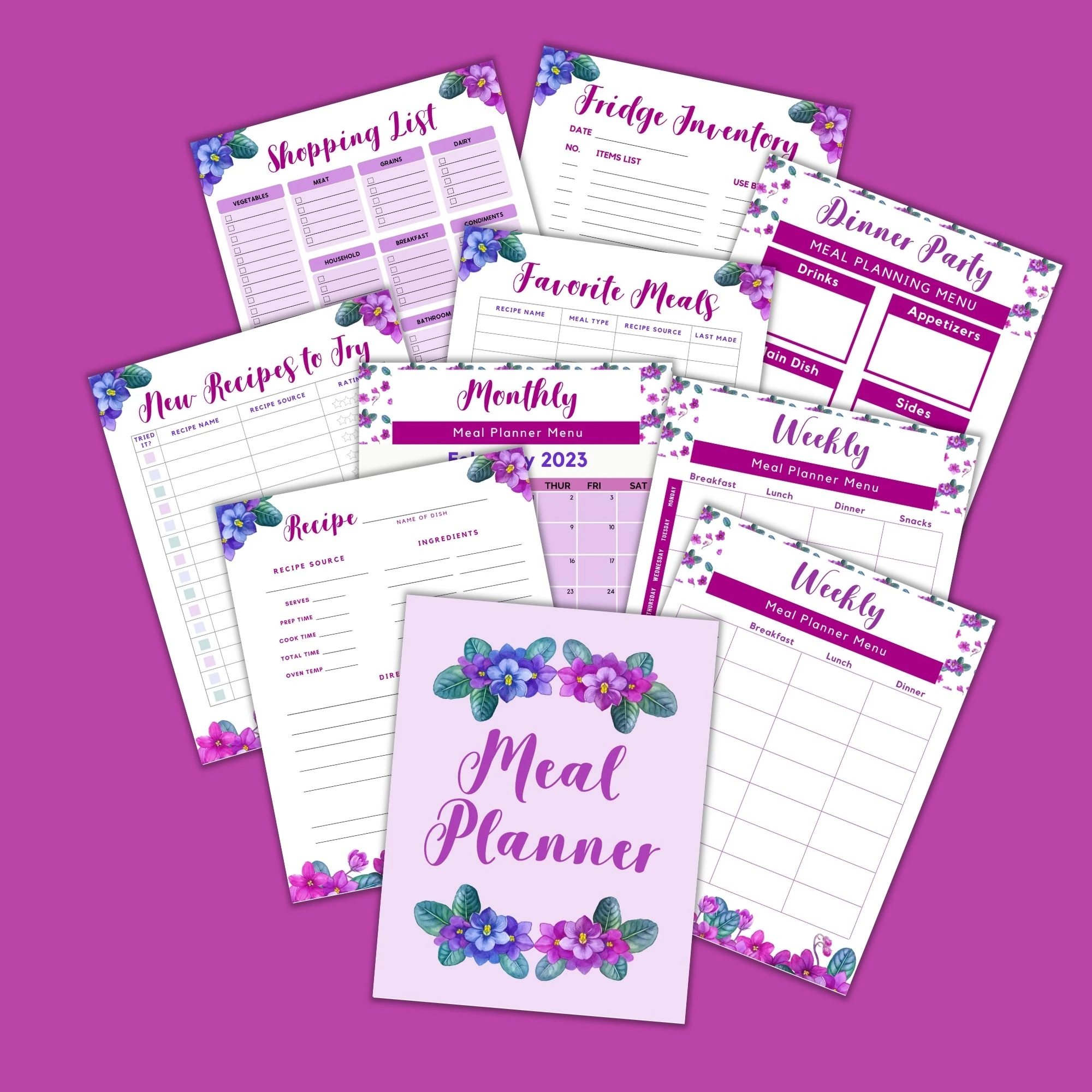 Pages from a Floral Meal Planner Printable.