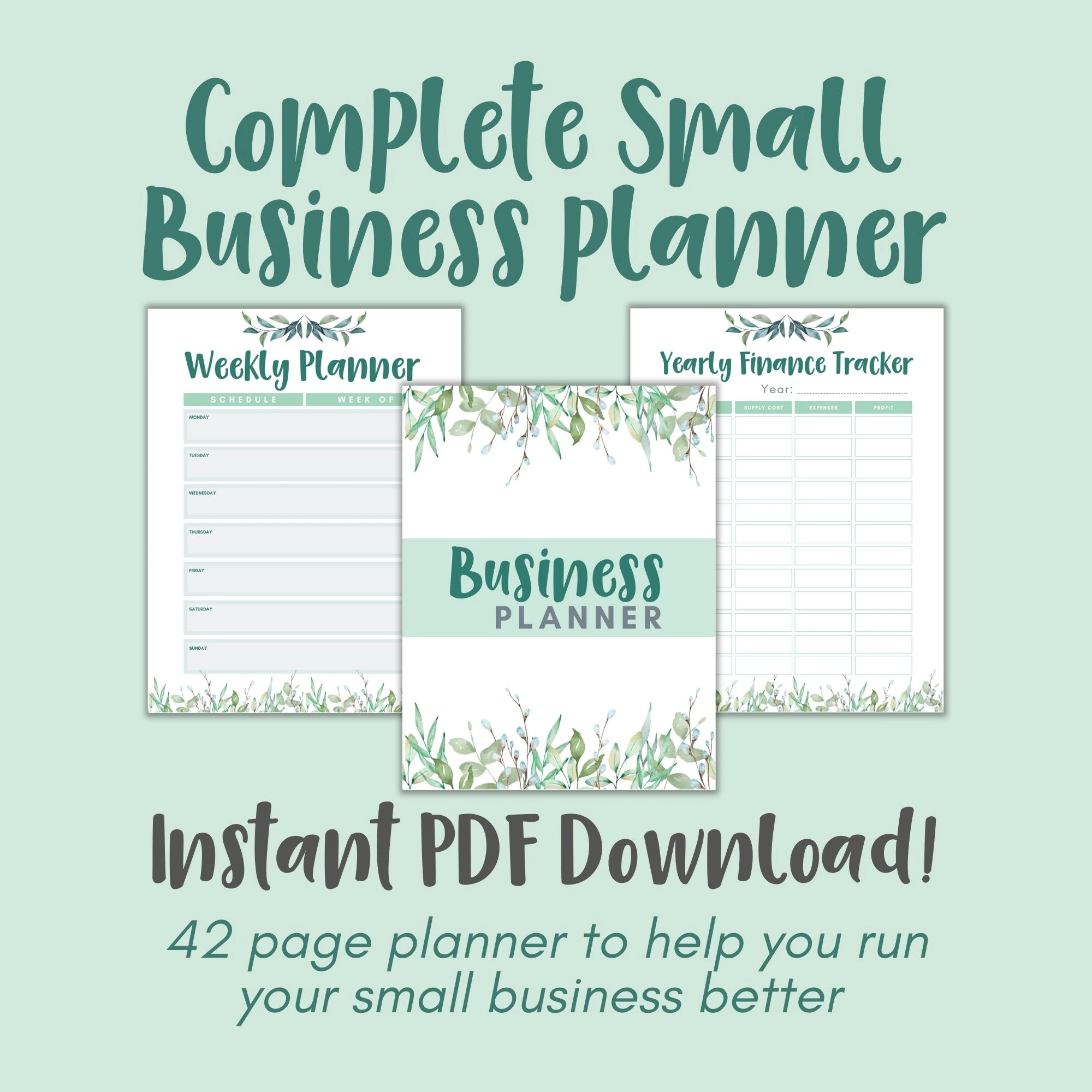 Small Business Planner Worksheets on a green background.