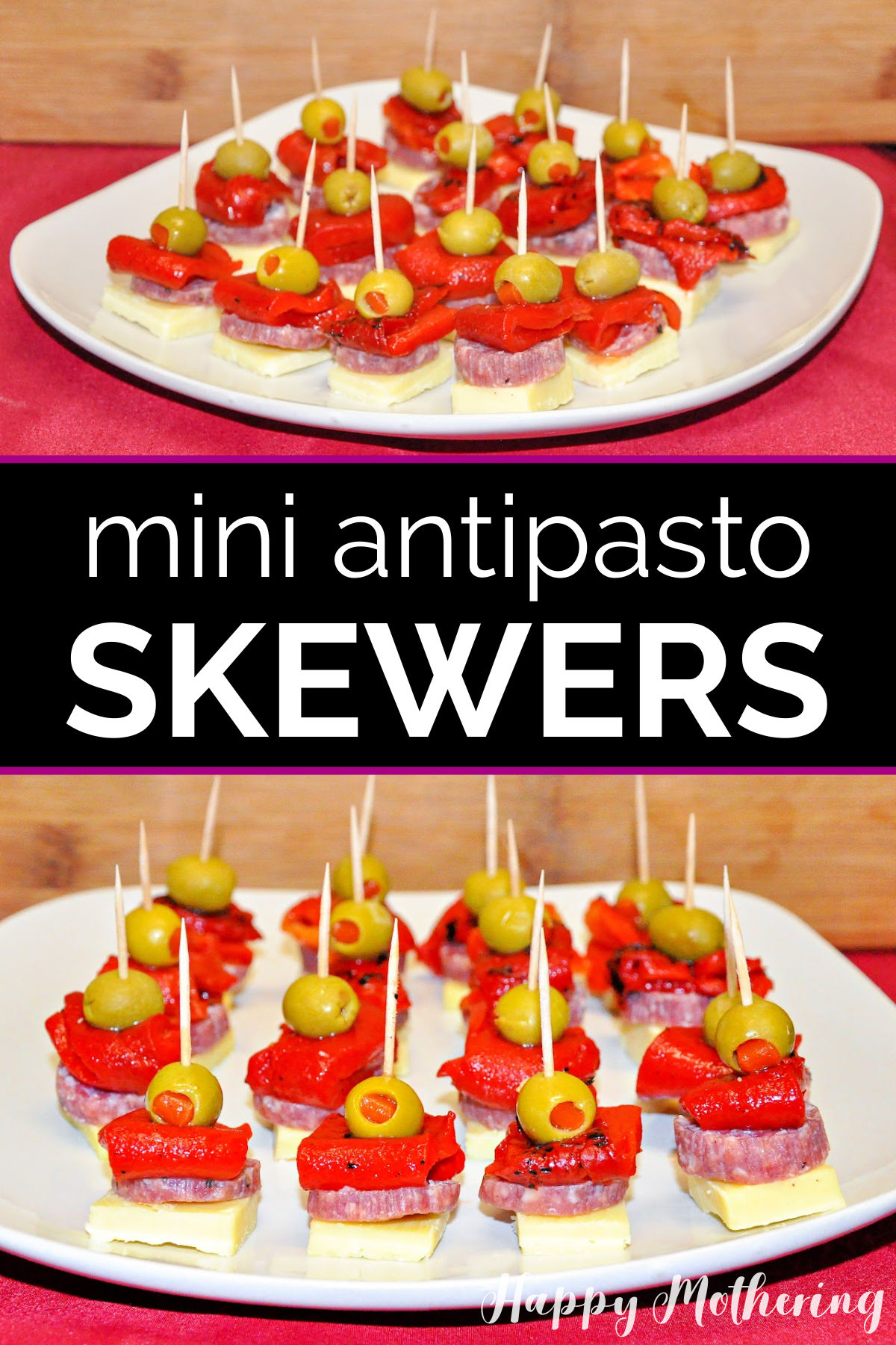 Two plates of antipasto skewer appetizers on white plates with a label that reads, "Mini Antipasto Skewers."