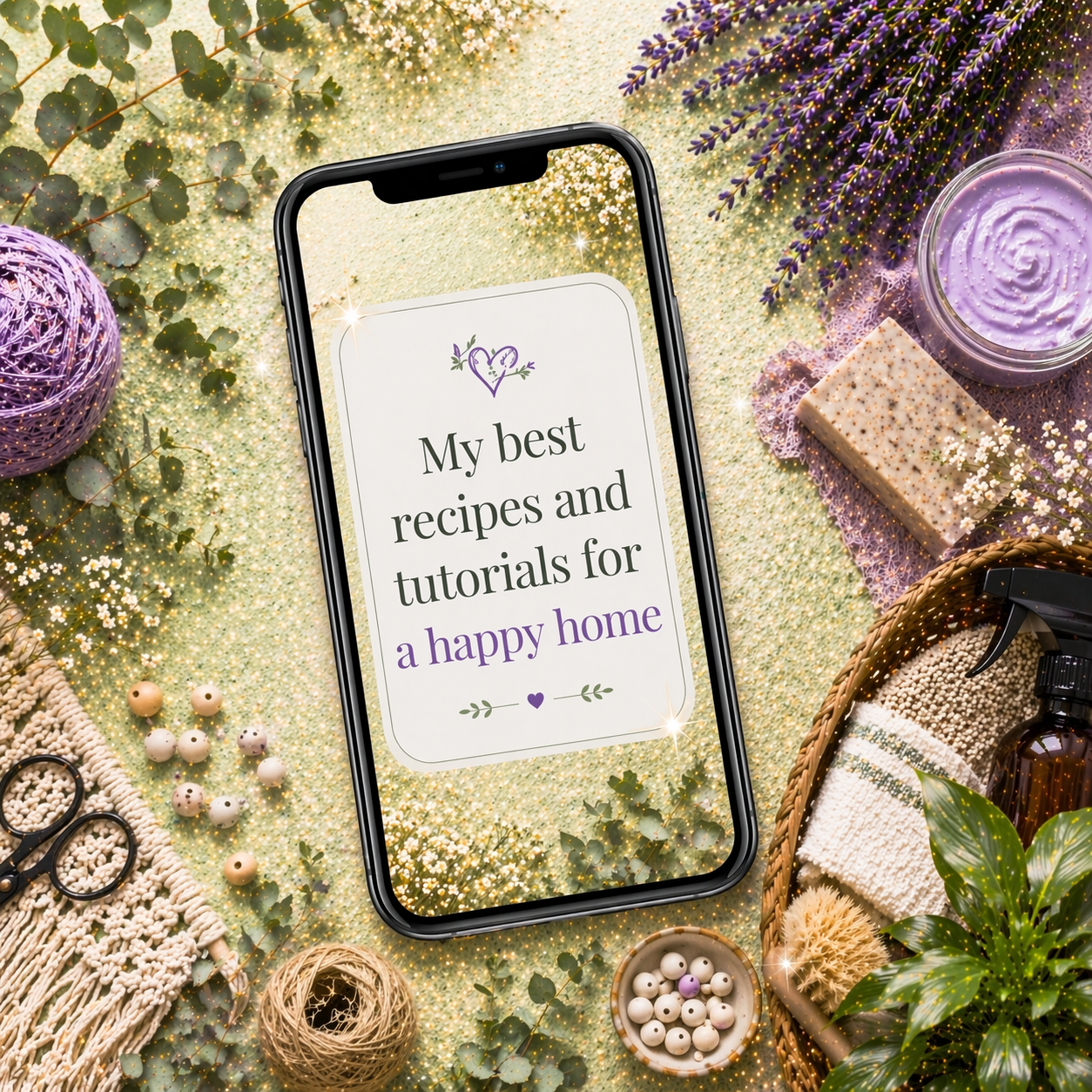 Graphic of a phone with the phrase My best recipes and tutorials for a happy home.